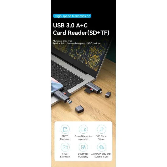 Считыватель флеш-карт Vention USB 3.0 AM/USB-C to SD+TF Gray Dual Drive Letter Aluminum Alloy (CLLH0) изображение 5