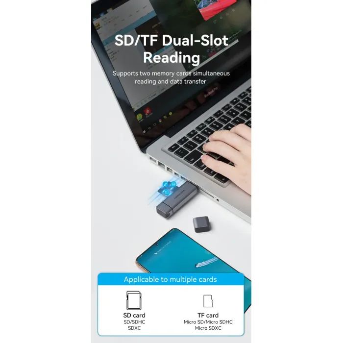 Считыватель флеш-карт Vention USB 3.0 AM/USB-C to SD+TF Gray Dual Drive Letter Aluminum Alloy (CLLH0) изображение 6