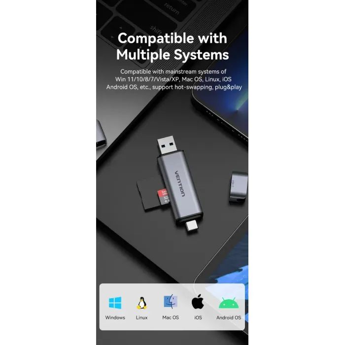 Считыватель флеш-карт Vention USB 3.0 AM/USB-C to SD+TF Gray Dual Drive Letter Aluminum Alloy (CLLH0) изображение 8