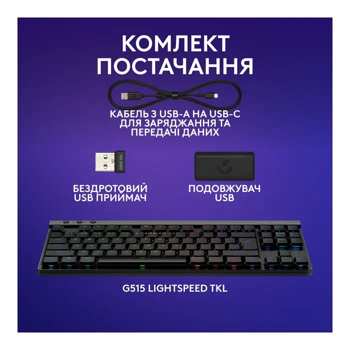 Клавиатура Logitech G515 TKL Lightspeed GL Tactile RGB Wireless/Bluetooth/USB UA Black (920-014075) изображение 8