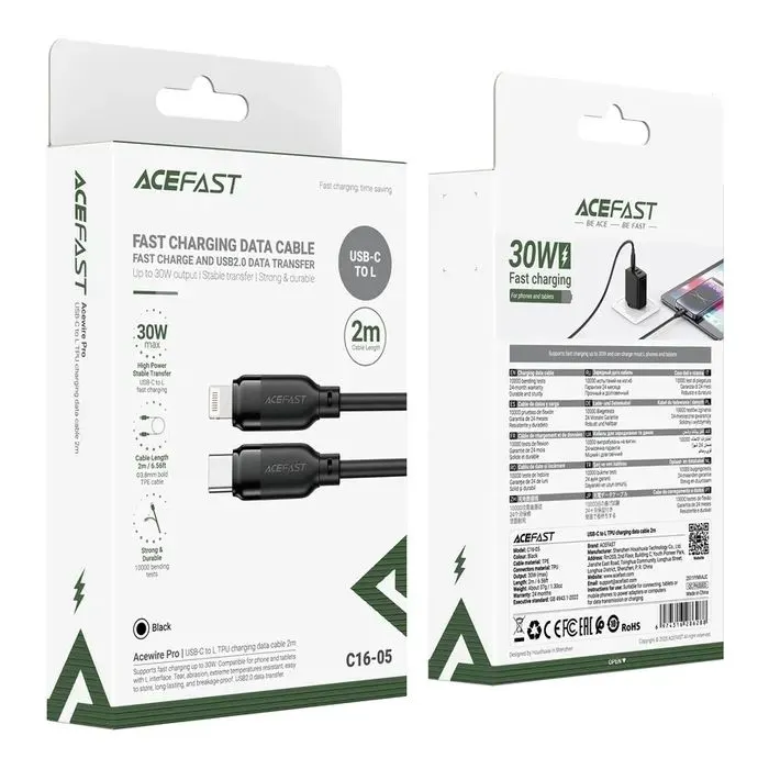Дата кабель USB 2.0 AM to Lightning 2.0m 30W TPU black Acefast (6974316286288) изображение 6