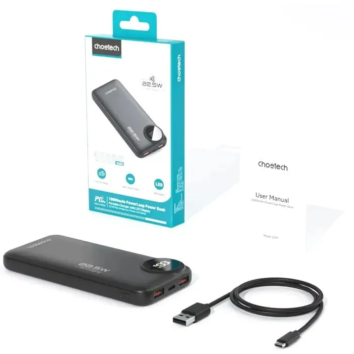 Батарея универсальная Choetech 10000mAh, 22.5W, PD, QC/3.0, Black (M15-B791-ACBK-NG) изображение 4