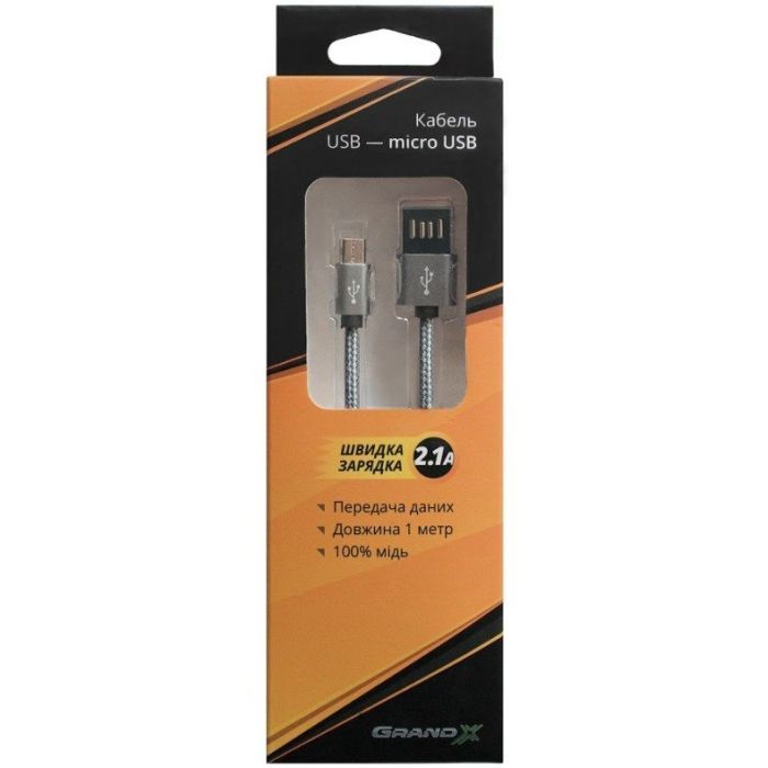 Дата кабель USB 2.0 AM to Micro 5P 1.0m Grey/Black Grand-X (FM02) изображение 4