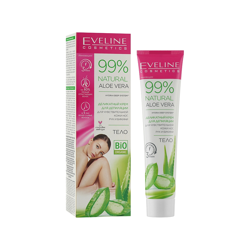 Крем для депиляции Eveline Cosmetics Natural Aloe Vera для чувств. кожи ног, рук и бикини 125 мл (5903416026822) изображение 2