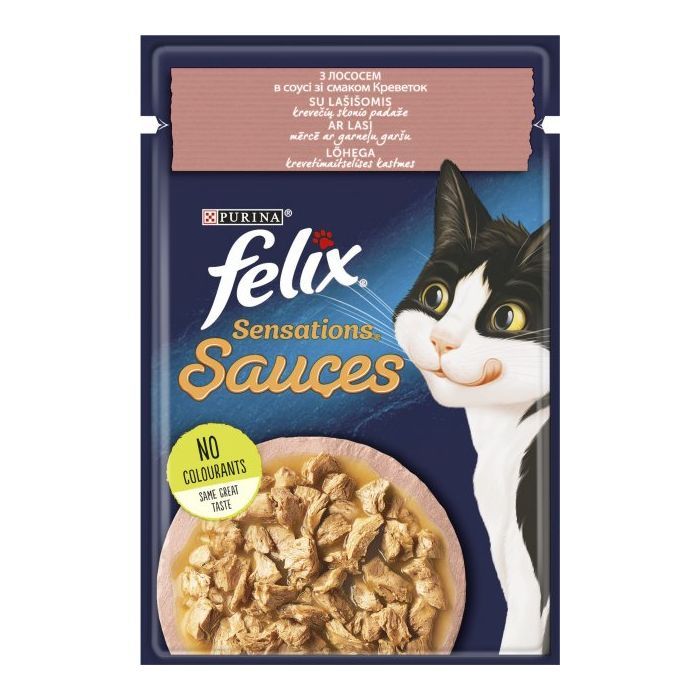 Вологий корм для кішок Purina Felix Sensations Sauces з лососем у соусі зі смаком креветок 85 г (7613039836026)