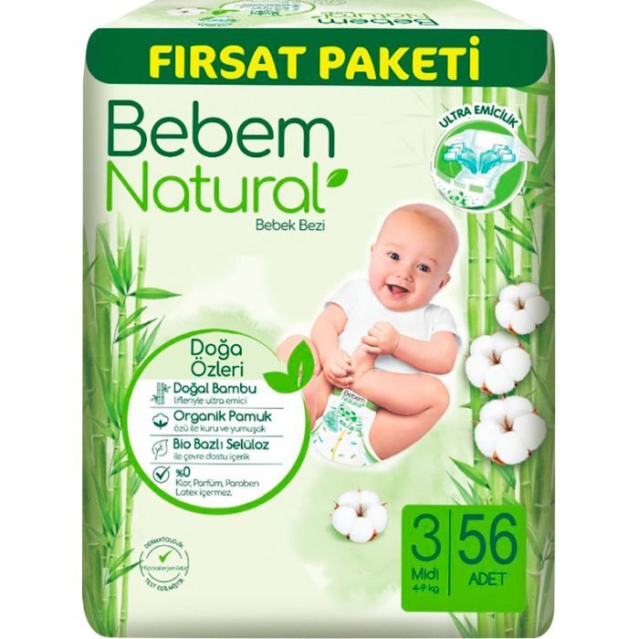 Подгузники Bebem Natural 3 midi 4-9 кг 56 шт (8690536831951)