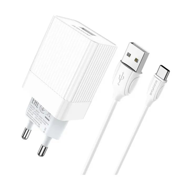 Зарядний пристрій BOROFONE BA47A USB QC3.0 18W + cable USB to USB-C white (6931474728319)