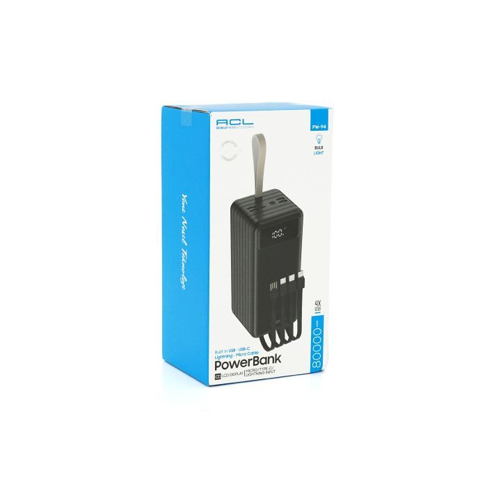 Батарея універсальна ACL 80000mAh, 4xUSB, 4 кабеля(USB/Micro/Type-C/Lighting), 1,4кг, Black (PW-94) зображення 4