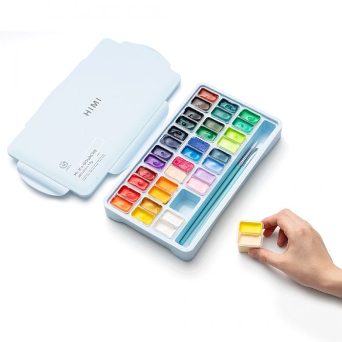 Гуашевые краски HIMI Twin Cup 36*12мл+3 пензлі, блакитний пластик, пенал (6976939682638) изображение 4