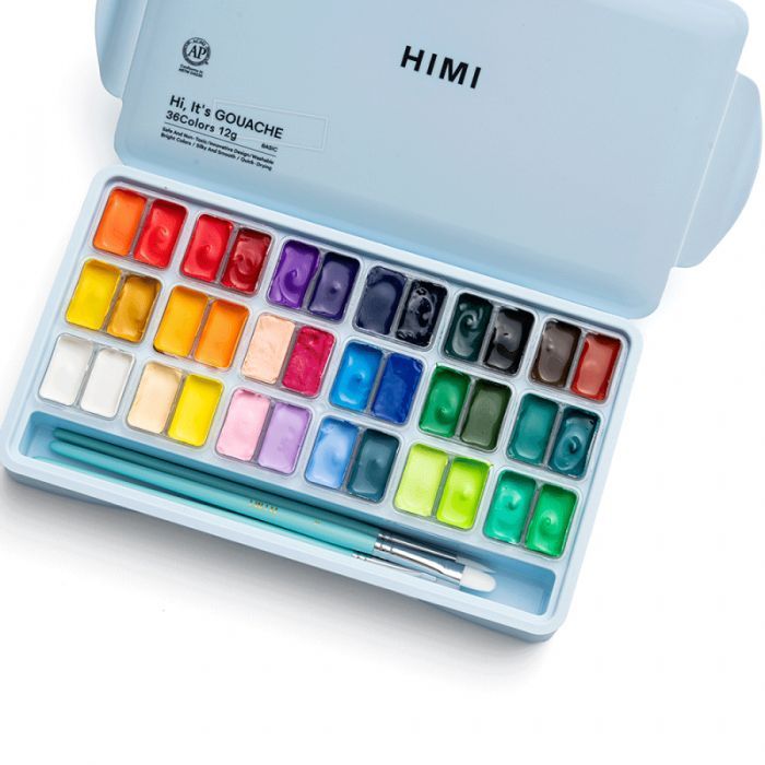 Гуашевые краски HIMI Twin Cup 36*12мл+3 пензлі, блакитний пластик, пенал (6976939682638) изображение 5