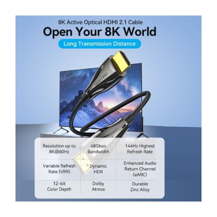 Кабель мультимедійний HDMI M to HDMI M 60.0m V2.1 Optical 8K 60Hz 48Gbps Dolby 7.1 black Vention (ALBBAE) зображення 5