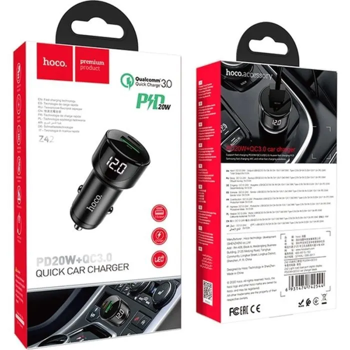 Зарядное устройство HOCO 1xUSB-C PD20W + 1xUSB QC3.0 car adapter Z42 black (6931474742544) изображение 5