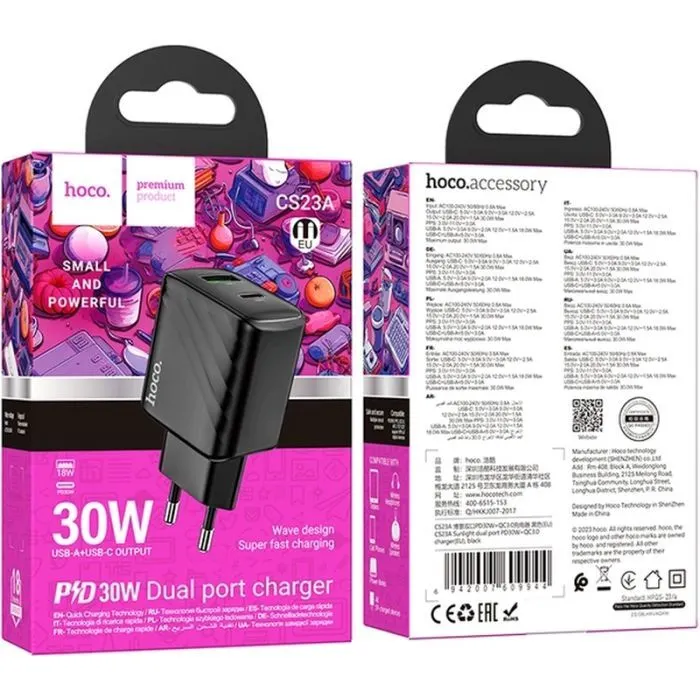Зарядное устройство HOCO CS23A 1xUSB-C PD30W + 1xUSB QC3.0 black (6942007609944) изображение 7