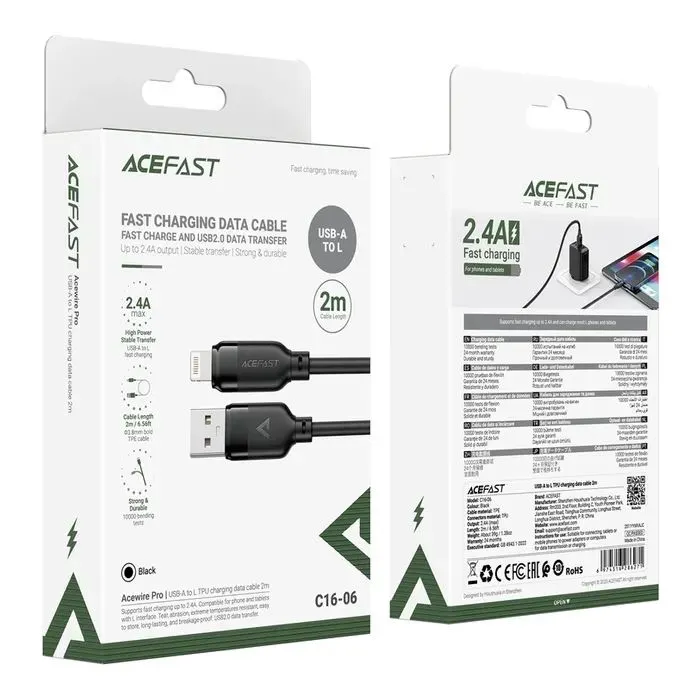 Дата кабель USB 2.0 AM to Lightning 2.0m 2.4A TPE black Acefast (6974316286271) изображение 5