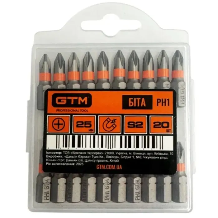 Бита для шуруповерта GTM PH1, 25мм, 20шт. (SB-H1-25K) изображение 2