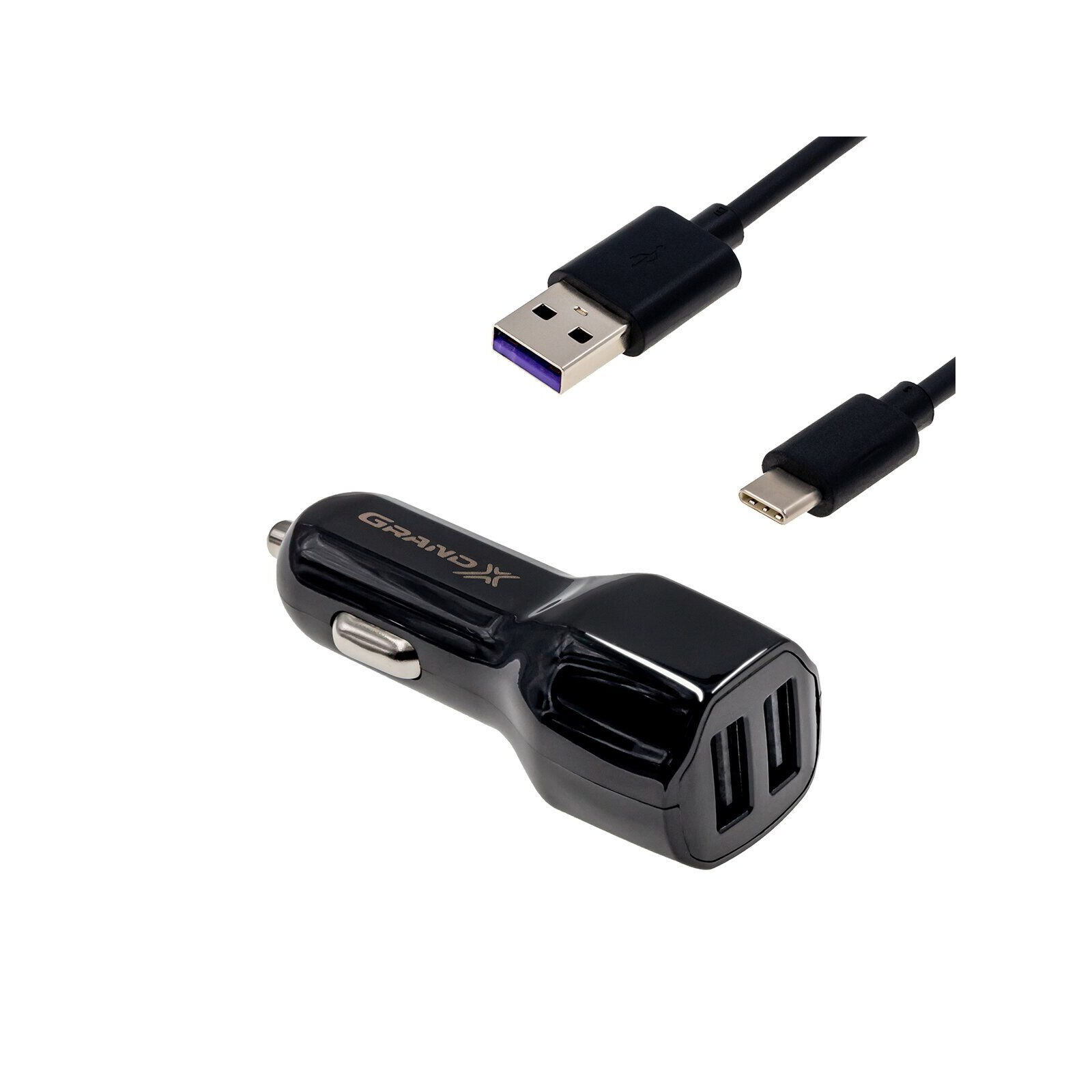 Зарядний пристрій Grand-X 2,1A, 12-24V, 2USB + cable USB -> TypeC, Cu, 1m (CH-26TC)