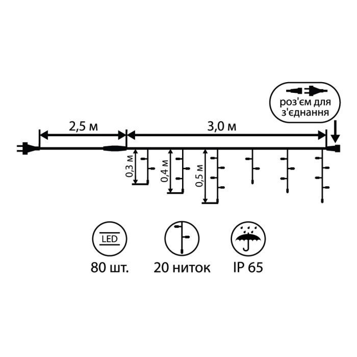 Гирлянда YES! Fun штора LED уличная 80 ламп, IP65, многоцветная (801168) изображение 2