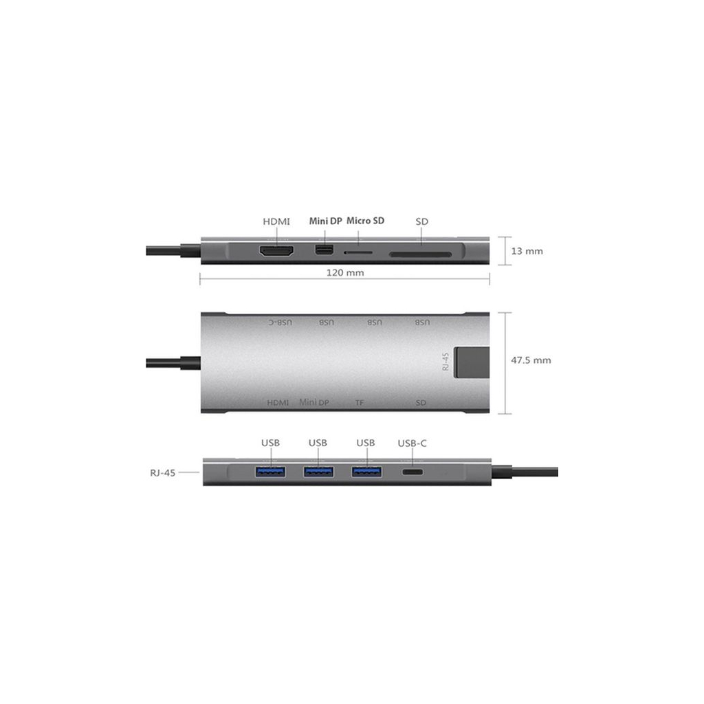 Концентратор Dynamode USB Type-C to HDMI 4K + Mini DP + 3хUSB3.0 + Gigabit RJ45+ U (Dock-9-in-1-TypeC-HDMI-Mini-DP-USB3.0-RJ45) изображение 4