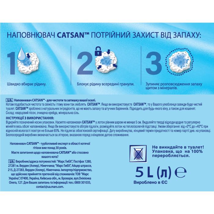 Наполнитель для туалета Catsan Hygiene plus Минеральный впитывающий 5 л (4008429008535) изображение 3