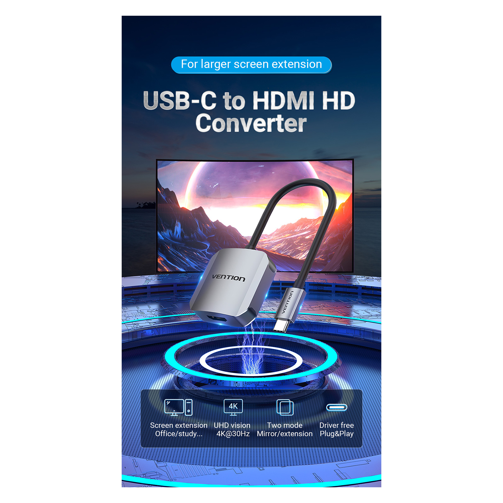 Переходник USB3.1 Type-C to HDMI (F) 4K 30HZ 0.15m Vention (TDEHB) изображение 2