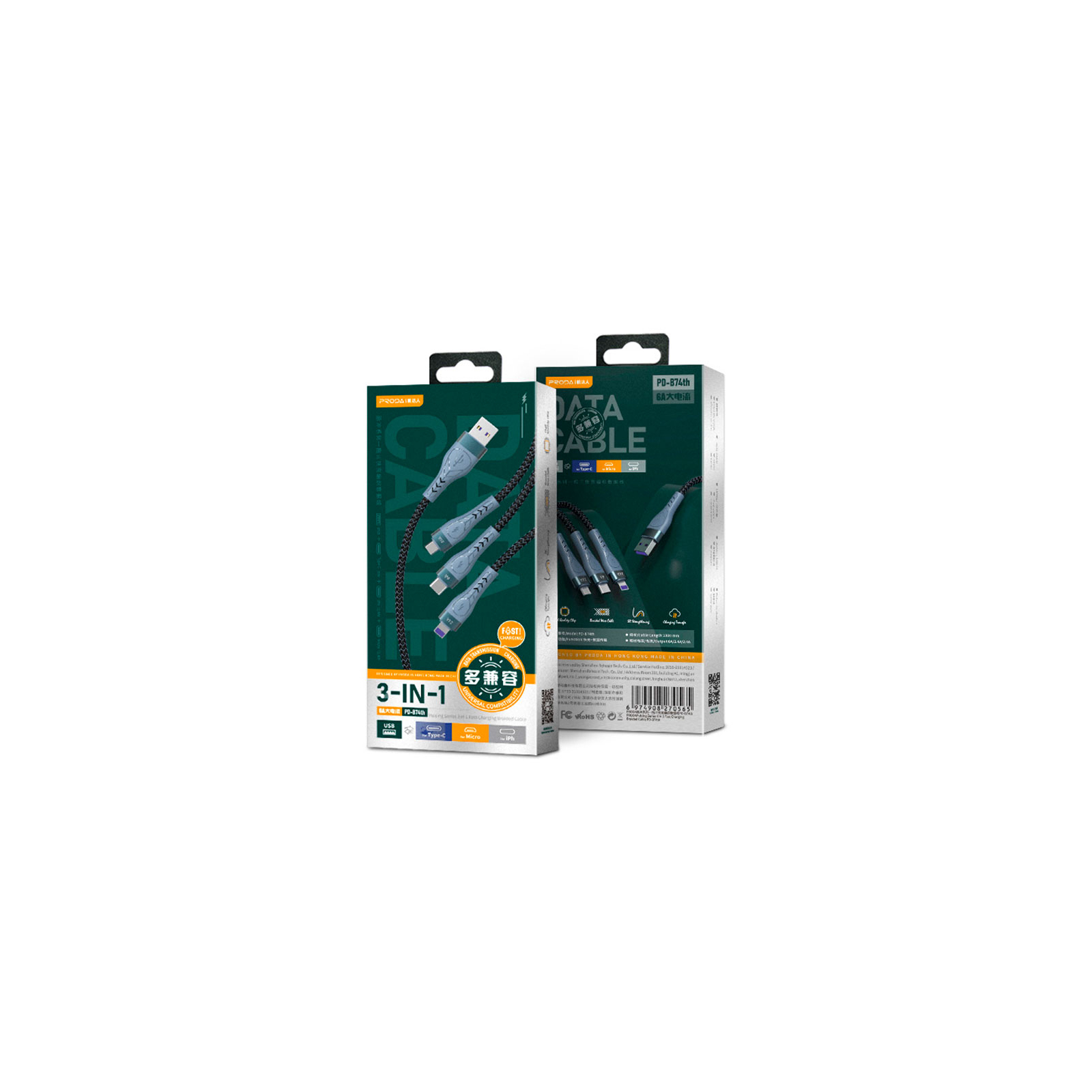 Дата кабель USB 2.0 AM to Lightning + Micro 5P + Type-C 1.3m Azeada PD-B74th Black Proda (PD-B74th-BK) зображення 2