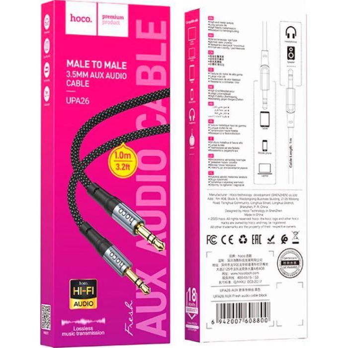 Кабель мультимедийный 3.5mm M to 3.5mm M 1.0m UPA26 AUX Black HOCO (6942007608800) изображение 6