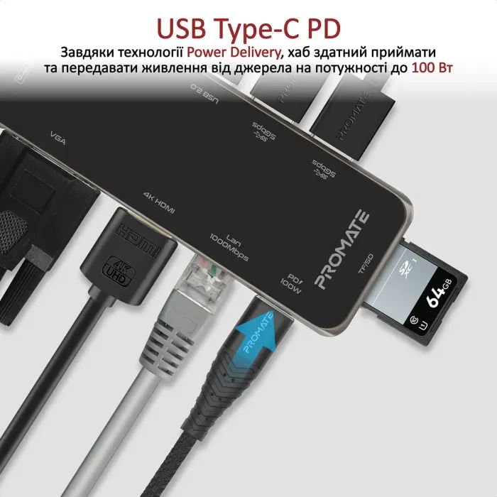 Концентратор Promate USB-C 11-in-1 Promate primehub-pro.grey (primehub-pro.grey) зображення 4