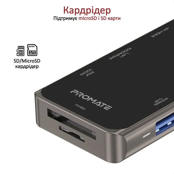 Концентратор Promate USB-C 11-in-1 Promate primehub-pro.grey (primehub-pro.grey) зображення 8