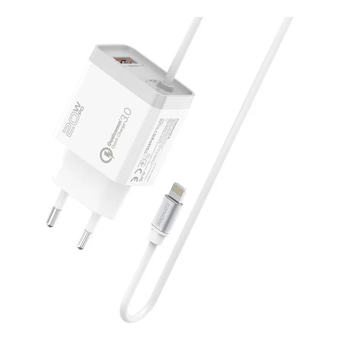 Зарядное устройство Promate 20W PD Lightning + USB QC3.0 (icharge-pdqc3.white)