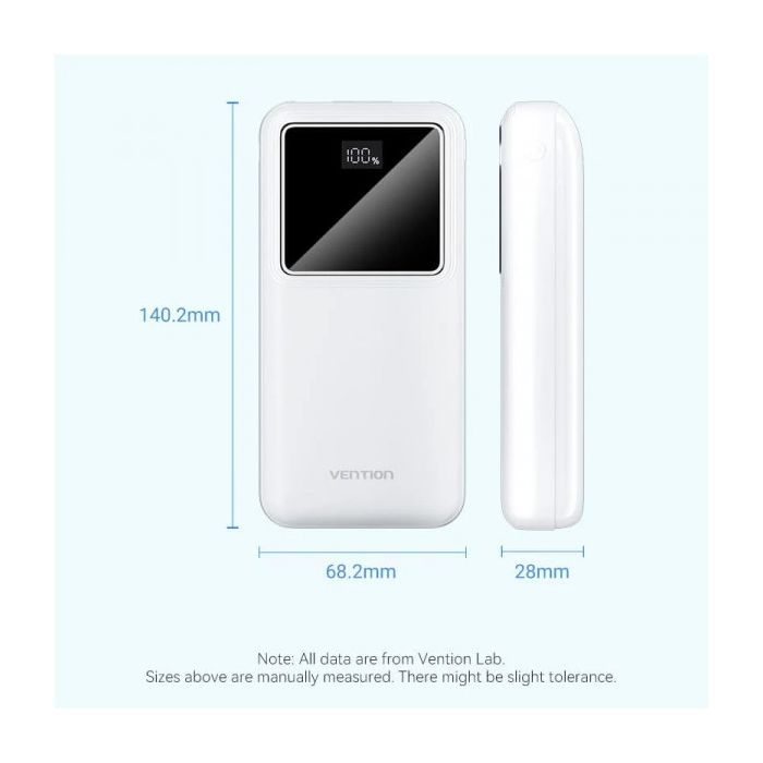 Батарея универсальная Vention 20000mAh 22.5W 3A, PD, QC/3.0, LED Display, White (FHLW0) изображение 3