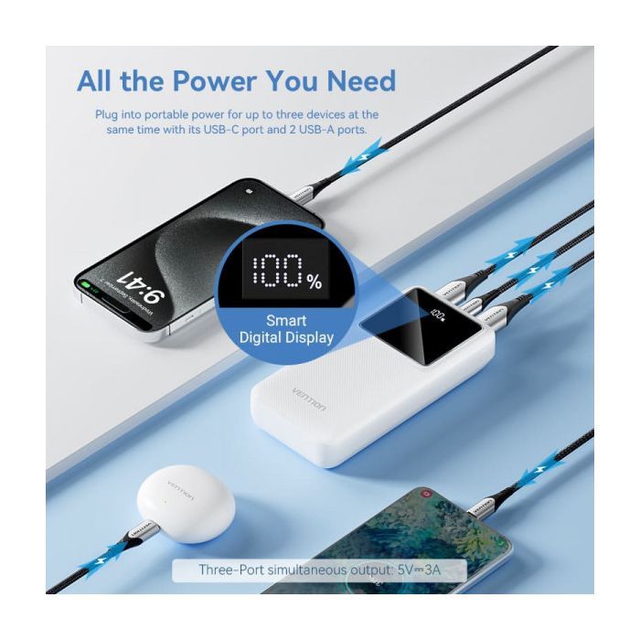 Батарея универсальная Vention 20000mAh 22.5W 3A, PD, QC/3.0, LED Display, White (FHLW0) изображение 5