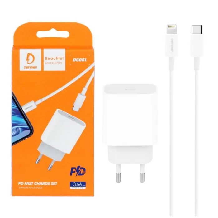 Зарядное устройство Denmen USB-C PD20W 3.6A + cable USB-C to Lightning white (DM-DC06L-WH)