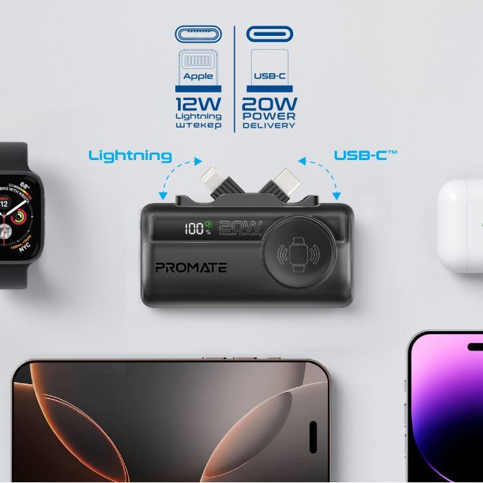 Батарея універсальна Promate 5000mAh PD/20W, Apple Watch charging (powerup-trio.black) зображення 4