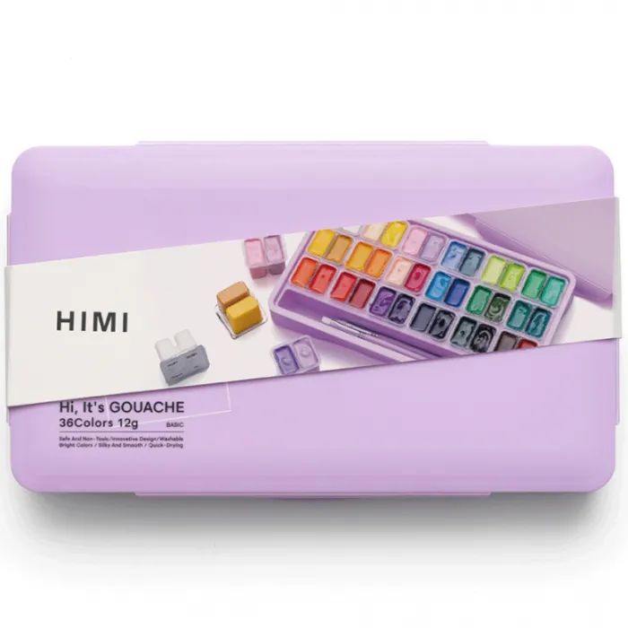 Гуашевые краски HIMI Twin Cup 36*12мл+3 пензлі, фіолетовий пластик, пенал (6976939682577)