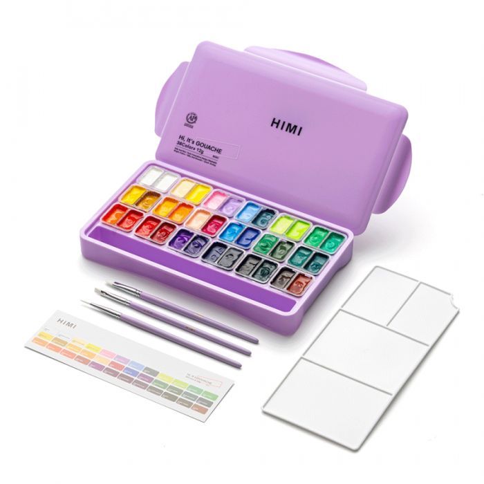 Гуашевые краски HIMI Twin Cup 36*12мл+3 пензлі, фіолетовий пластик, пенал (6976939682577) изображение 4