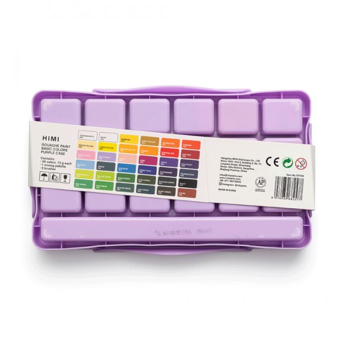 Гуашевые краски HIMI Twin Cup 36*12мл+3 пензлі, фіолетовий пластик, пенал (6976939682577) изображение 5