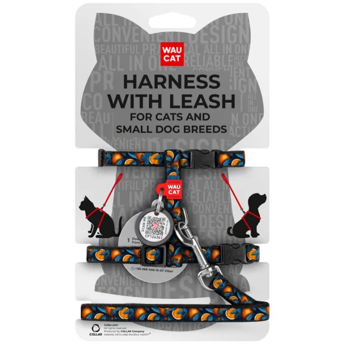 Шлея для котів Waucat Nylon з QR паспортом "Апельсини" пластиковий фастекс (329-4054)