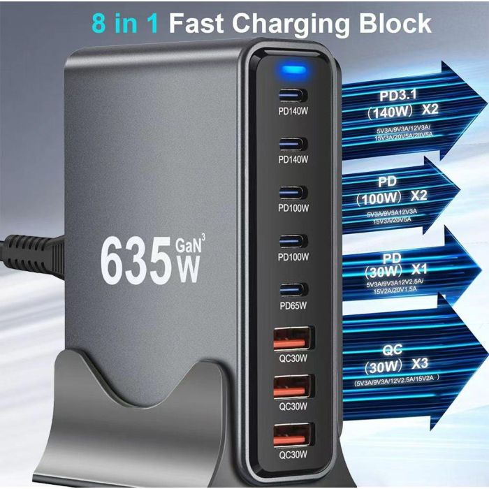 Зарядное устройство XoKo 2xUSB-C PD3.1 140W + 2xUSB-C PD100W + 1xUSB-C PD65W + 3xUSB QC30W GaN (QC-600) изображение 5
