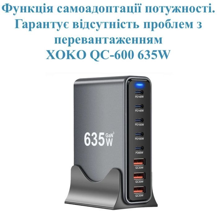 Зарядное устройство XoKo 2xUSB-C PD3.1 140W + 2xUSB-C PD100W + 1xUSB-C PD65W + 3xUSB QC30W GaN (QC-600) изображение 6