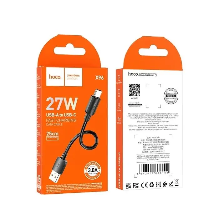 Дата кабель USB 2.0 AM to USB-C 0.25m 27W X96 Hyper black HOCO (6942007609401) изображение 2