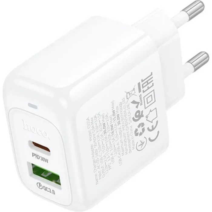 Зарядное устройство HOCO CS55A 1xUSB-C PD30W + 1xUSB QC3.0 white (6942007631549) изображение 2