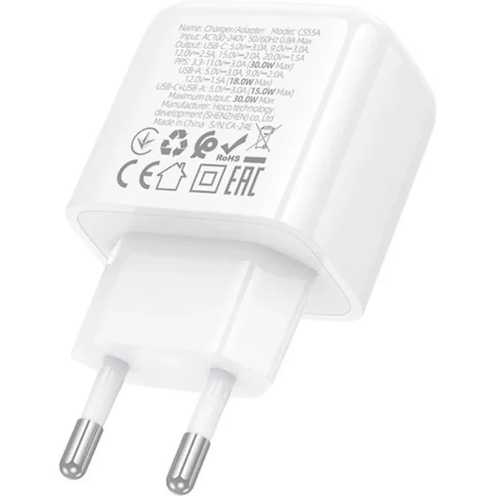 Зарядное устройство HOCO CS55A 1xUSB-C PD30W + 1xUSB QC3.0 white (6942007631549) изображение 6