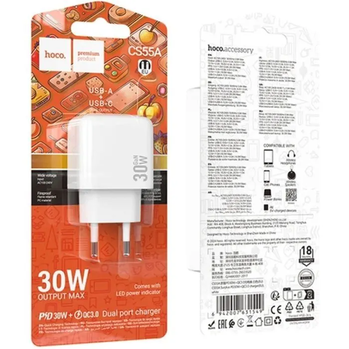 Зарядное устройство HOCO CS55A 1xUSB-C PD30W + 1xUSB QC3.0 white (6942007631549) изображение 7
