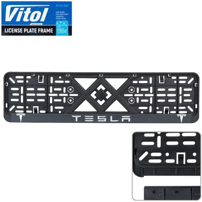 Рамка номерного знака Vitol з рельєфним написом TESLA (RN-VCH-15650-SR-TS)