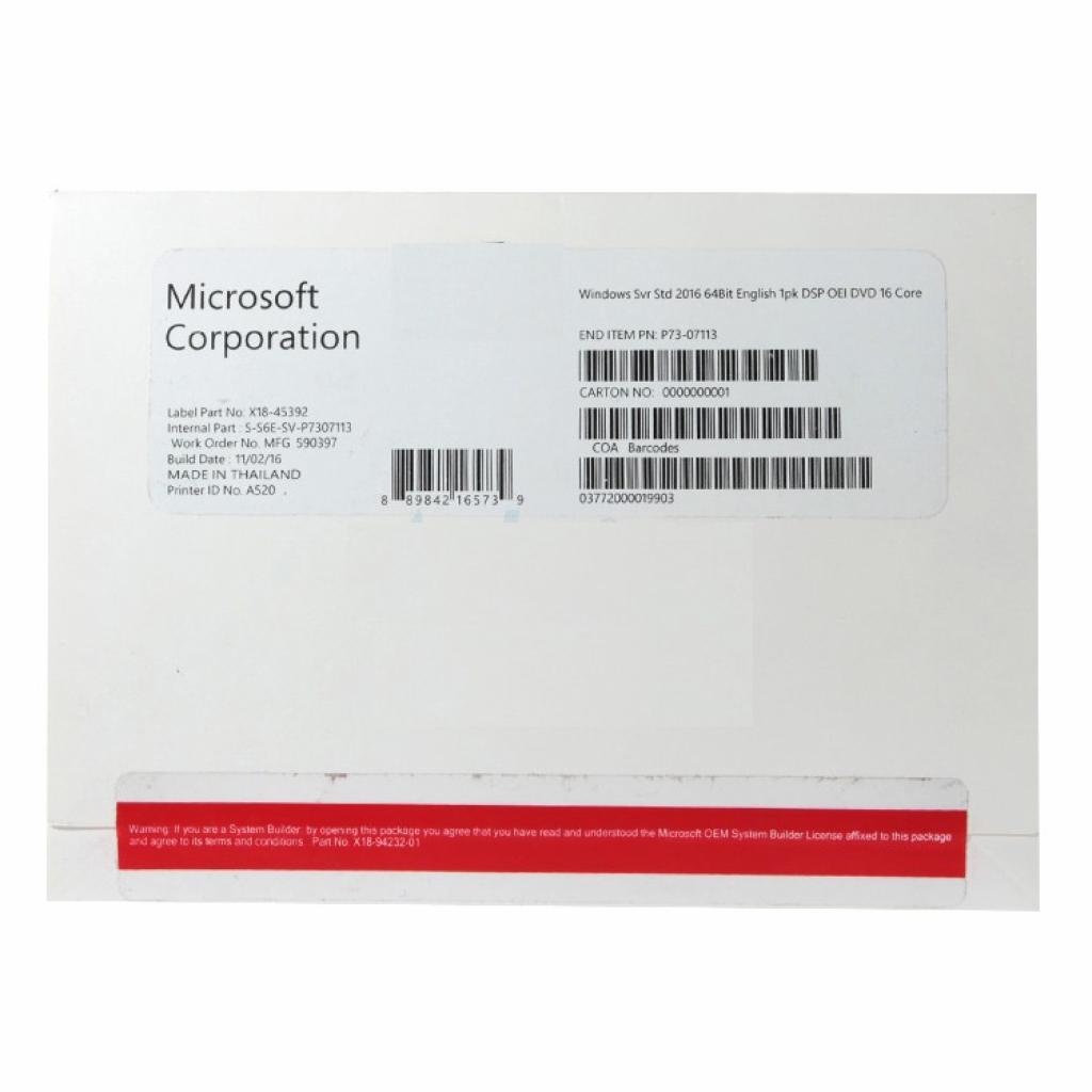 ПЗ для сервера Microsoft Windows Server Standart 2016 x64 English 16 Core DVD (P73-07113) зображення 2