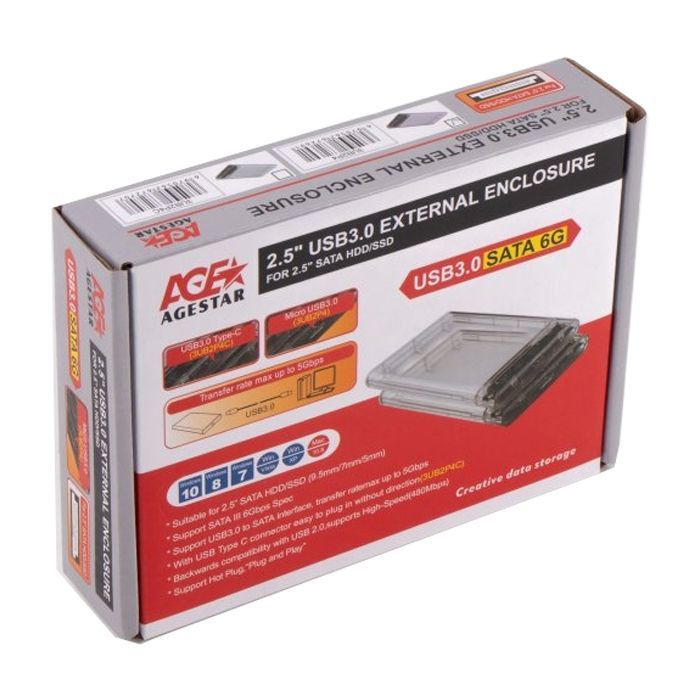 Карман внешний AgeStar 2.5", USB3.0, прозрачный (3UB2P4) изображение 2