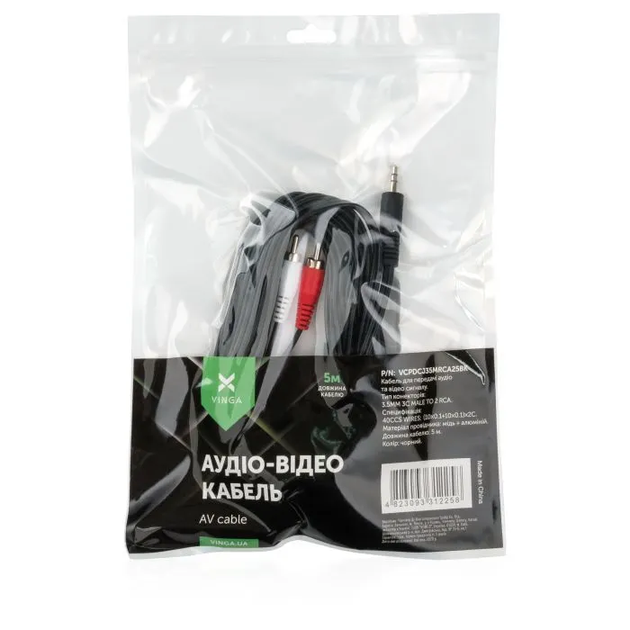 Кабель мультимедійний 3.5mm M to 2xRCA M 5.0m Vinga (VCPDCJ35MRCA25BK) зображення 3