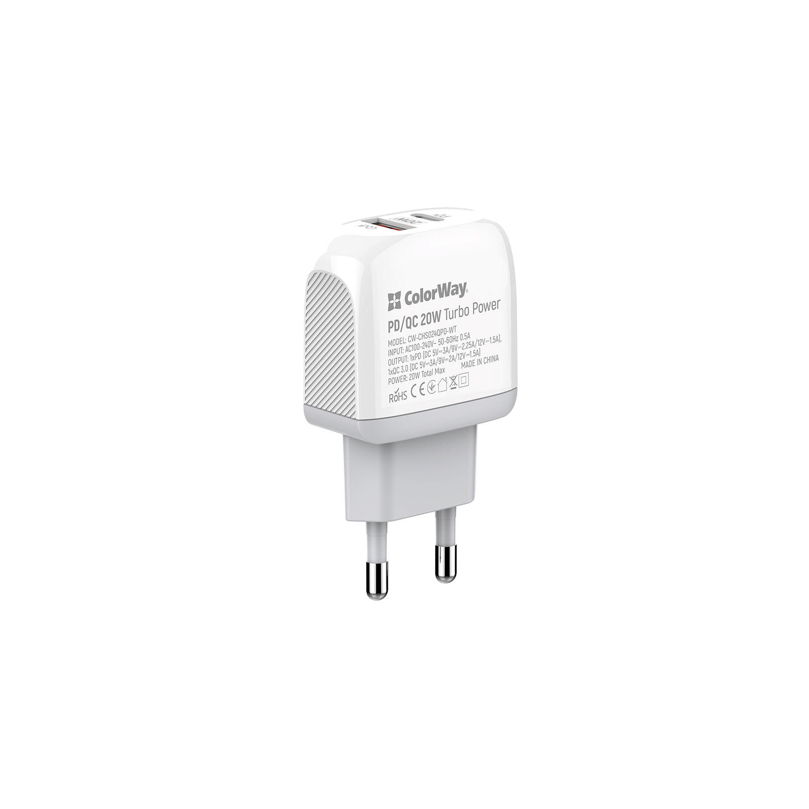 Зарядний пристрій ColorWay Type-C PD + USB QC3.0 20W white (CW-CHS024QPD-WT) зображення 6