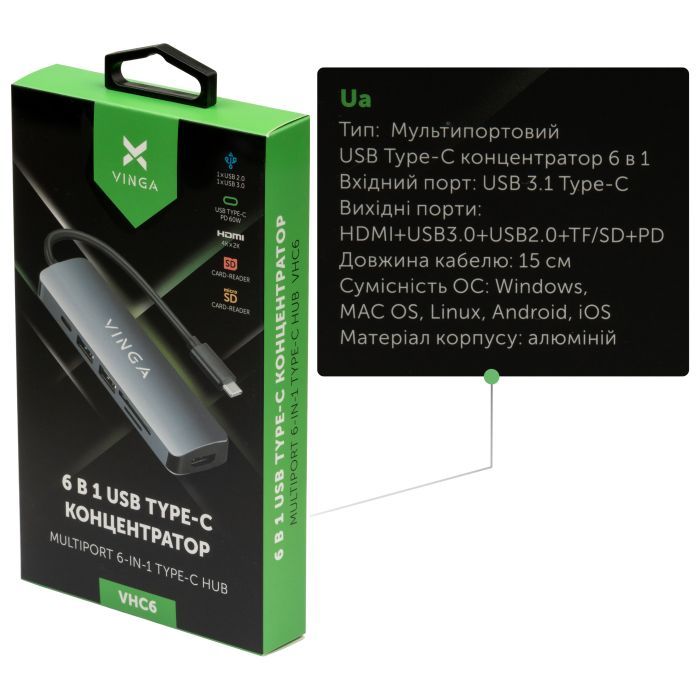 Концентратор Vinga USB Type-C 3.1 to HDMI+USB3.0+USB 2.0+SD/microSD+PD 6in1 (VHC6) зображення 4