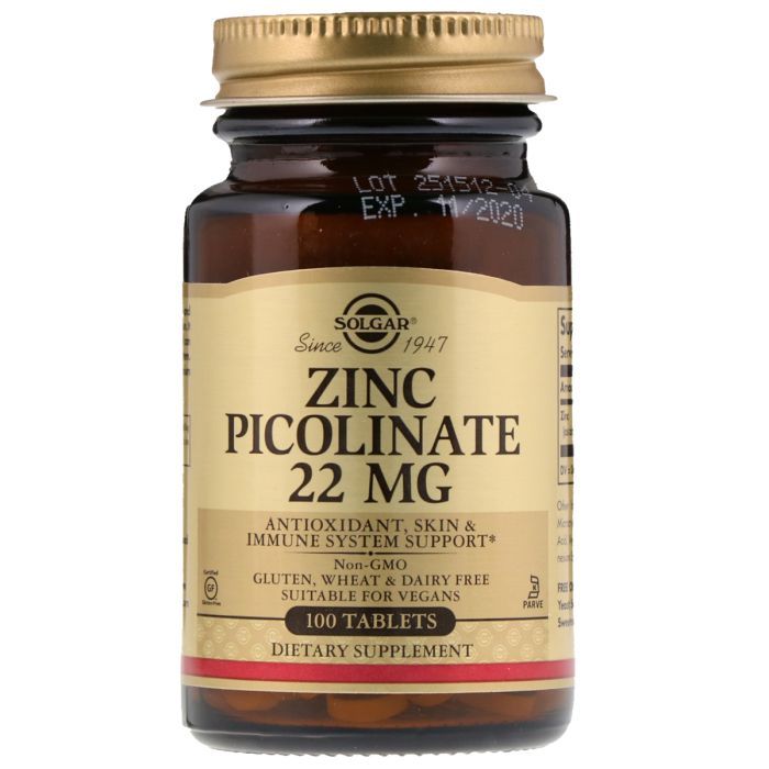 Минералы Solgar Цинк Піколінат 22 мг, Zinc Picolinate, 100 таблеток (SOL-03725)